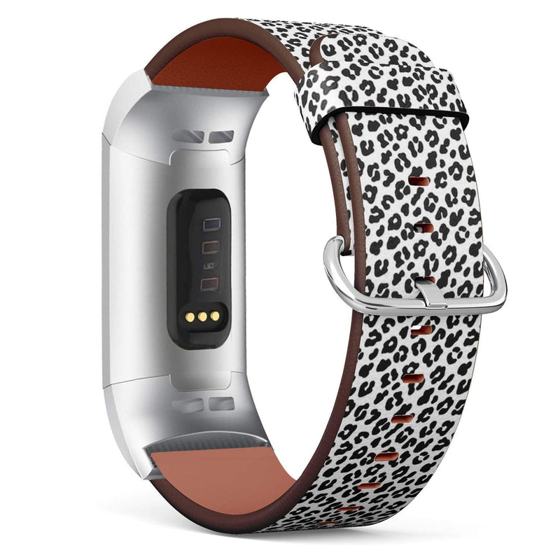 Compatible with Fitbit Charge 4 / Charge 3 / Charge 3 SE - Leather Watch Wrist Band Strap Bracelet with Stainless Steel Adapters (Leopard Black White)