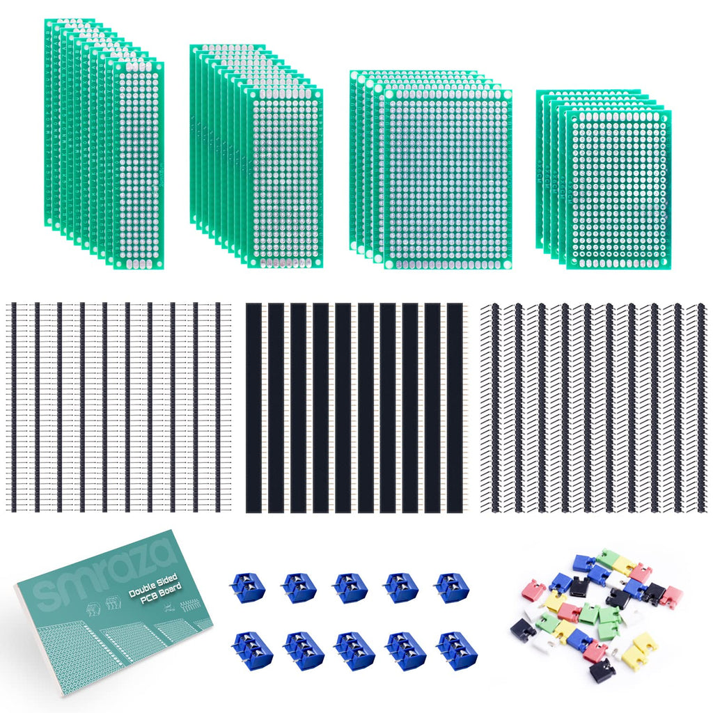 Smraza 100pcs Double Sided PCB Board Kit, Prototype Boards for DIY Soldering and Electronic Project Circuit Boards Compatible with Arduino Kits, 30PCS 40 Pin 2.54mm Male and Female Header Connector