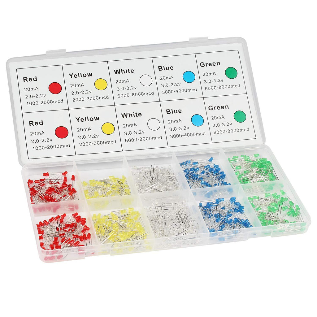 DiCUNO 500Pcs (5 Colors x 100P) 3MM Light Emitting Diode, White/Red/Yellow/Green/Blue Bright Diffused LED Diodes Assorted Kit for Electronic Project, Science Experiments R/Y/B/G/W, 500 Pack