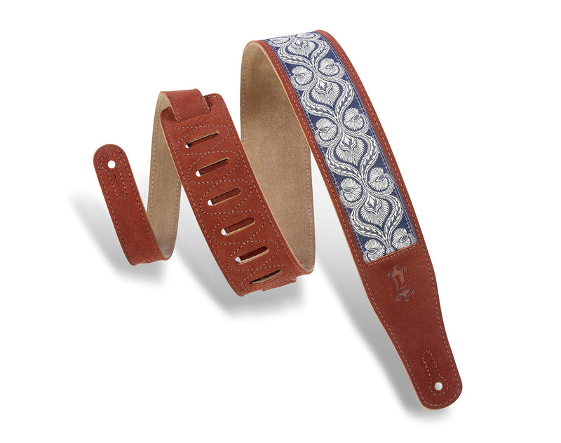 Levy's Leathers 2.5" Suede Leather Guitar Strap Embellish Suede Design; Rust, Blue, and Cream (MSJ26-RST) Rust, Blue, Cream
