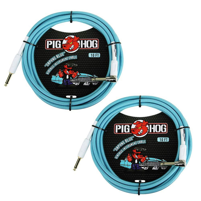 [AUSTRALIA] - Pig Hog PCH10DBR 1/4" to 1/4" Right-Angle Daphne Blue Guitar Instrument Cable, 10 Feet (2-Pack) 