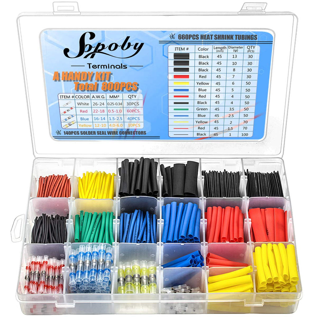 800PCS Sopoby Solder Seal Wire Connectors & Heat Shrink Tubings - Insulated Waterproof Electrical Butt Terminals & Shrink Wrap Tubes with Case