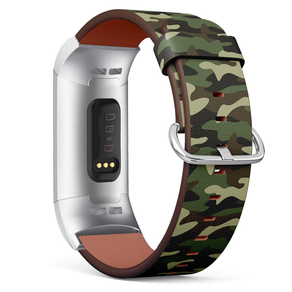 Compatible with Fitbit Charge 4 / Charge 3 / Charge 3 SE - Leather Watch Wrist Band Strap Bracelet with Stainless Steel Adapters (Camouflage)
