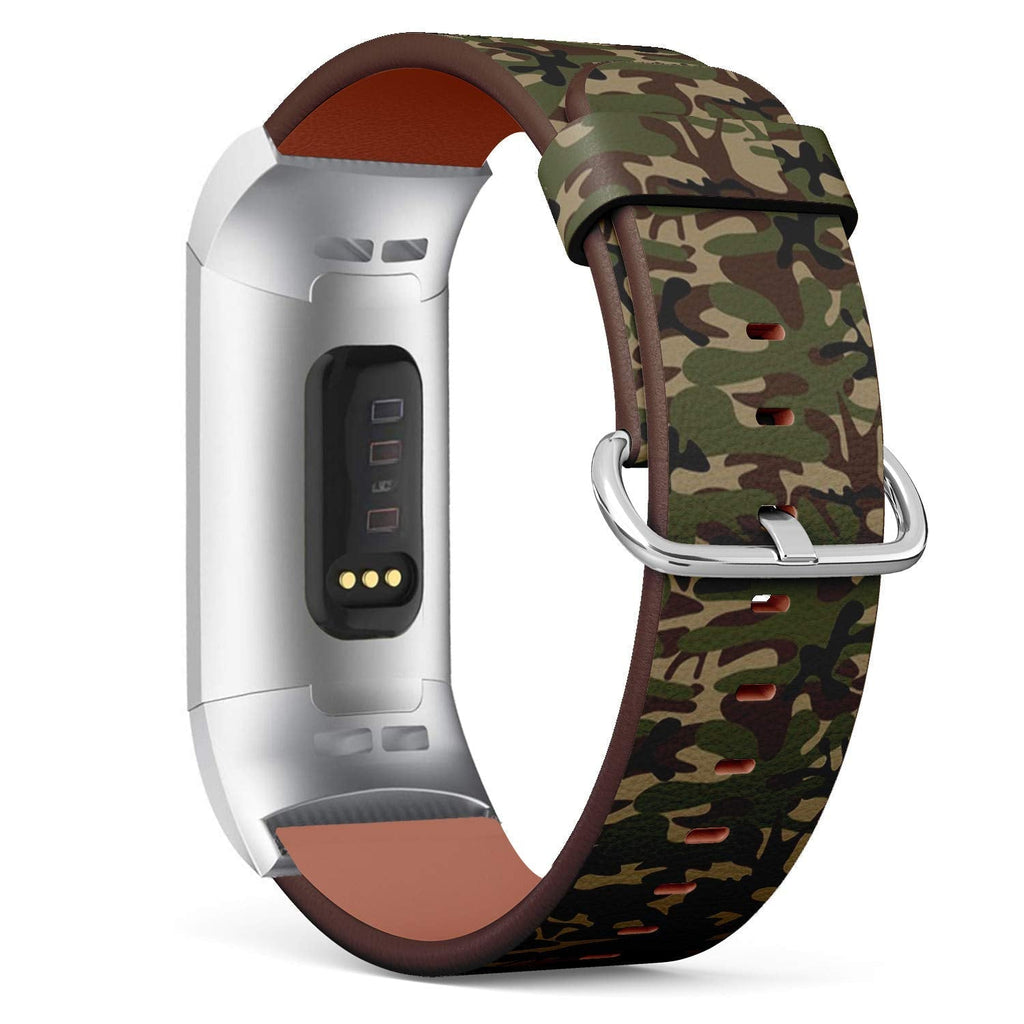 Compatible with Fitbit Charge 4 / Charge 3 / Charge 3 SE - Leather Watch Wrist Band Strap Bracelet with Stainless Steel Adapters (Camouflage)