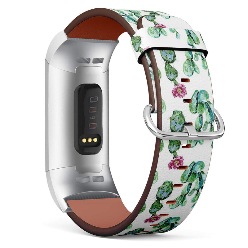 Compatible with Fitbit Charge 4 / Charge 3 / Charge 3 SE - Leather Watch Wrist Band Strap Bracelet with Stainless Steel Adapters (Cactus Floral)