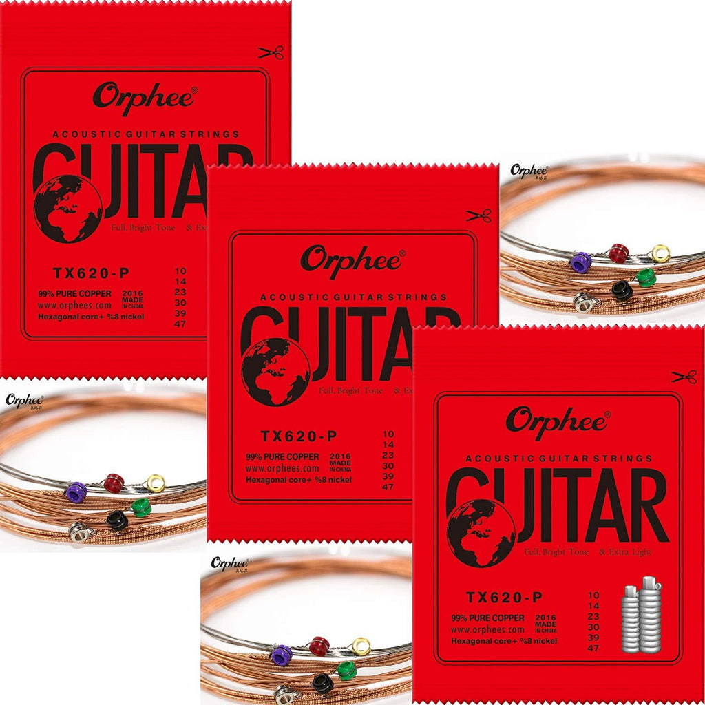 3 Packs Orphee TX620-P Colorful Ball-End Pure Copper Acoustic Guitar Strings Extra Light 010, 014, 023, 030, 039, 047