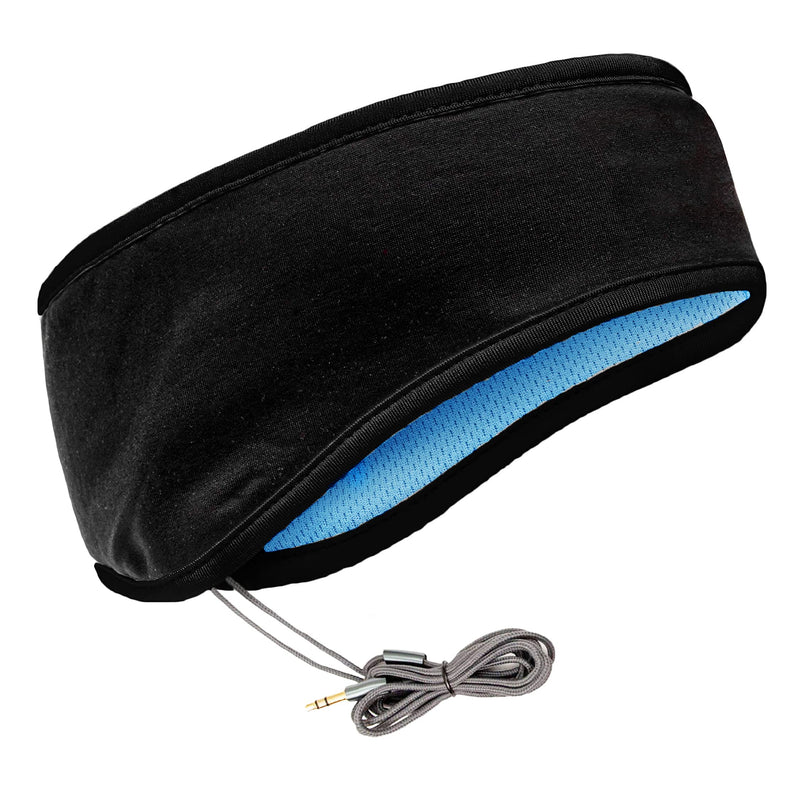 CozyPhones Over The Ear Headband Headphones - Sleep Headphones & Travel Bag, Lycra Cool Mesh Lining and Thin Speakers - Black with Blue Liner