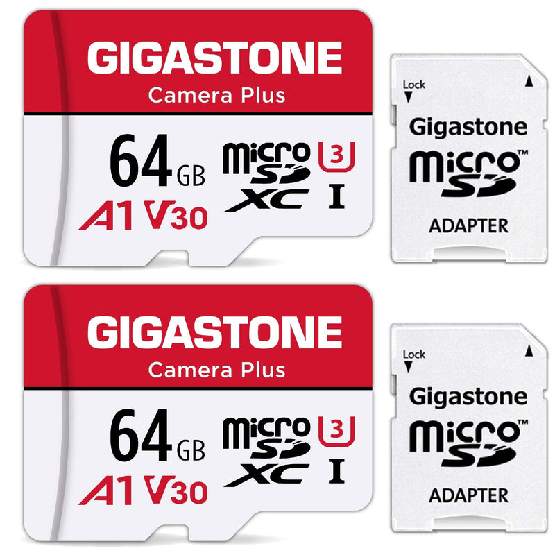 [Gigastone] 64GB 2-Pack Micro SD Card, Camera Plus, MicroSDXC Memory Card for Wyze, Video Camera, Security Camera, Smartphone, Fire tablet, 4K Video Recording, UHS-I U3 A1 V30, 95MB/s, with Adapter 64GB Camera Plus 2-Pack