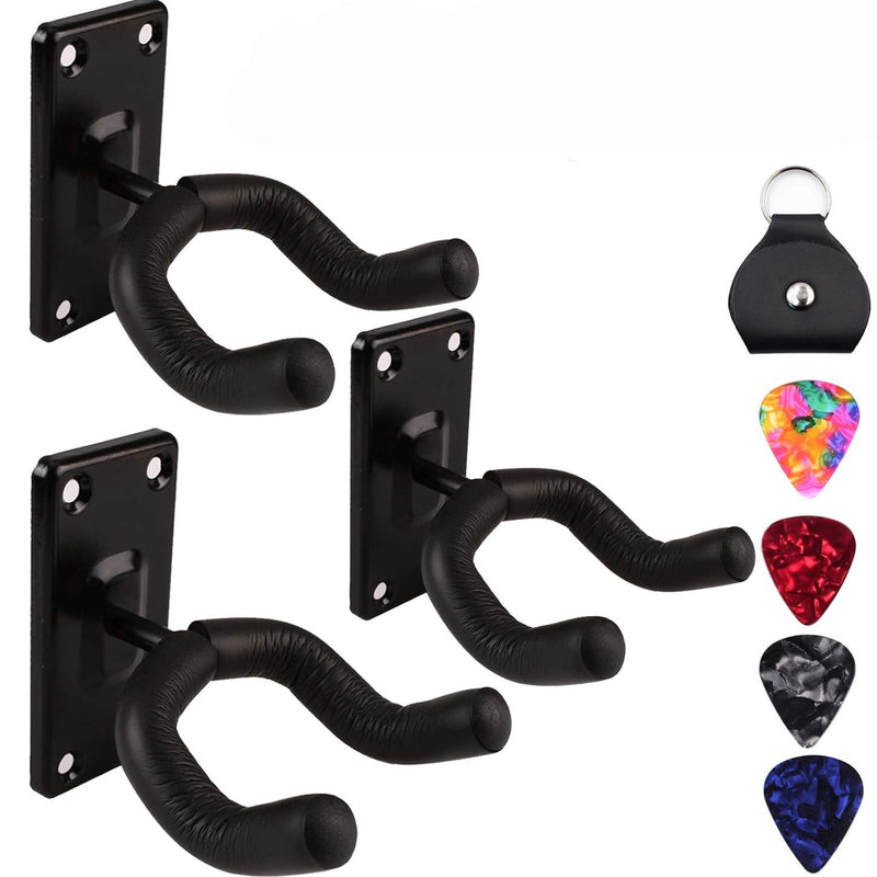 Guitar Wall Mount Hanger Hook Holder Stand 3 Pack Guitar Hangers Hooks for Acoustic Electric and Bass Guitars (3Pack-Black)