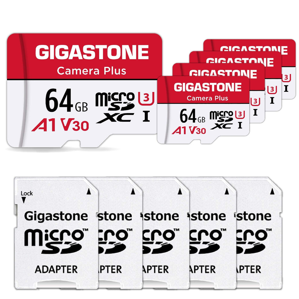 [Gigastone] 64GB 5-Pack Micro SD Card, Camera Plus, MicroSDXC Memory Card for Wyze, Video Camera, Security Camera, Smartphone, Fire tablet, 4K Video Recording, UHS-I U3 A1 V30, 95MB/s, with Adapter 64GB Camera Plus