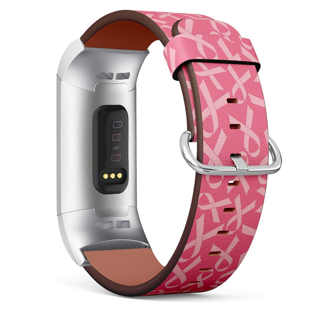 Compatible with Fitbit Charge 3 & 3 SE - Leather Wristband Bracelet Replacement Accessory Band (Includes Adapters) - Breast Cancer Ribbons