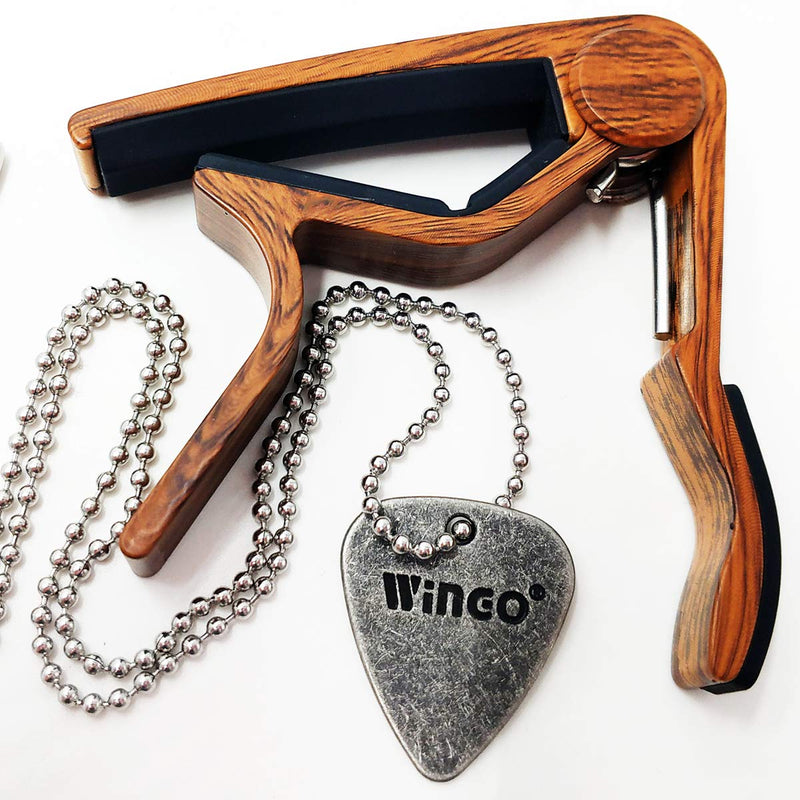 WINGO Quick Change Wooden Guitar Capo for Acoustic Guitar, Electric Guitar,Bass,Ukulele- Rosewood with Unique Metal Pick Necklace.