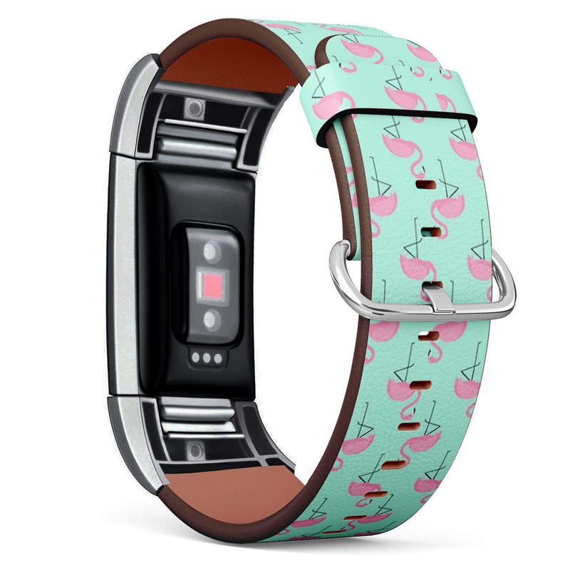 Compatible with Fitbit Charge 2 - Leather Watch Wrist Band Strap Bracelet with Stainless Steel Clasp and Adapters (Flamingo On Mint)
