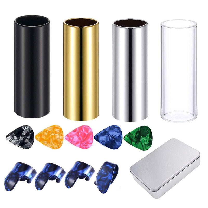 Set of 4 Medium Guitar Slides (Include 3 Colors Stainless Steel, 1 Pieces Glass), 5 Pieces Guitar Picks (Ramdon Color) and 4 Pieces Plastic Thumb & Finger Picks in Metal Box