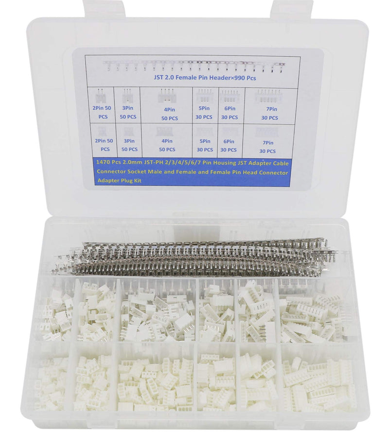 1470 Pieces 2.0mm JST-PH JST Connector Kit. 2.0mm Pitch Female Pin Header, JST PH - 2/3/4/5/6/7 Pin Housing JST Adapter Cable Connector Socket Male and Female, Crimp DIP Kit.
