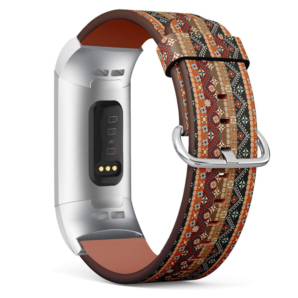 Compatible with Fitbit Charge 4 / Charge 3 / Charge 3 SE - Leather Watch Wrist Band Strap Bracelet with Stainless Steel Adapters (Boho Tribal)