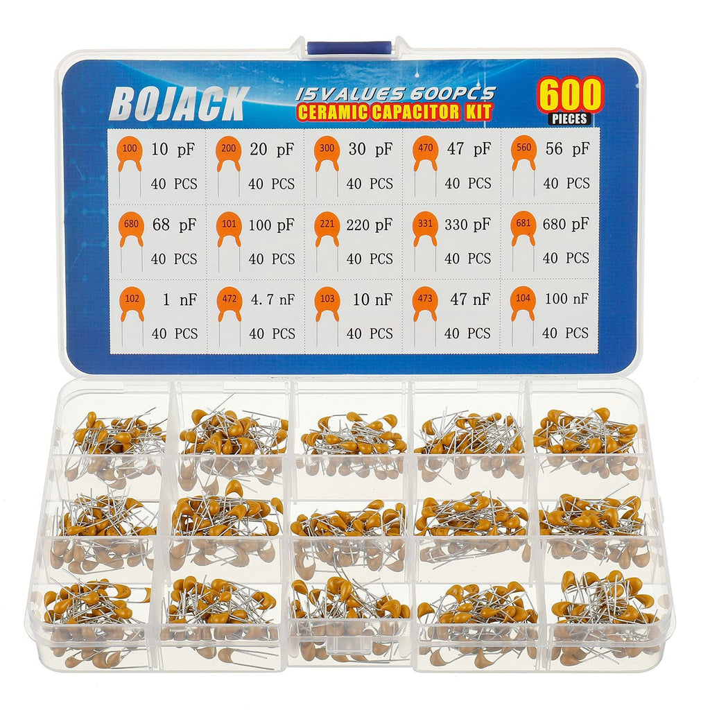 BOJACK 15 Type Values 600Pcs Ceramic Capacitor Assortment Kit Capacitors from 10pf to 100nF in a Box