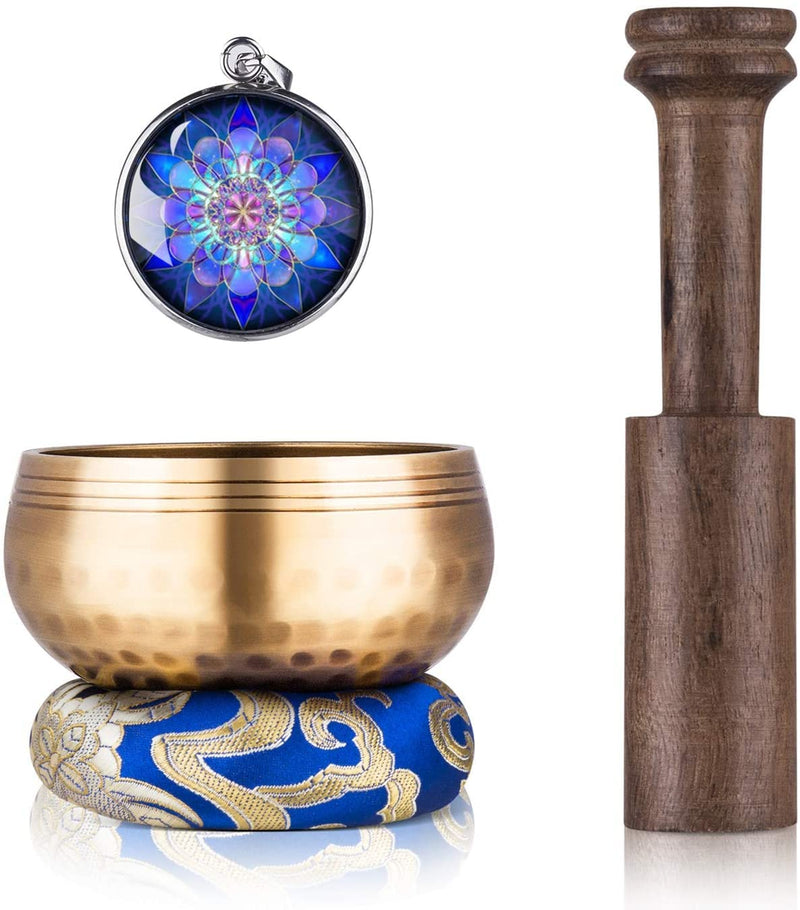 Tibetan Singing Bowl Set - Sing Bowl Unique Gift Helpful for Meditation, Yoga, Relaxation, Chakra Healing, Prayer and Mindfulness (Golden) Blue