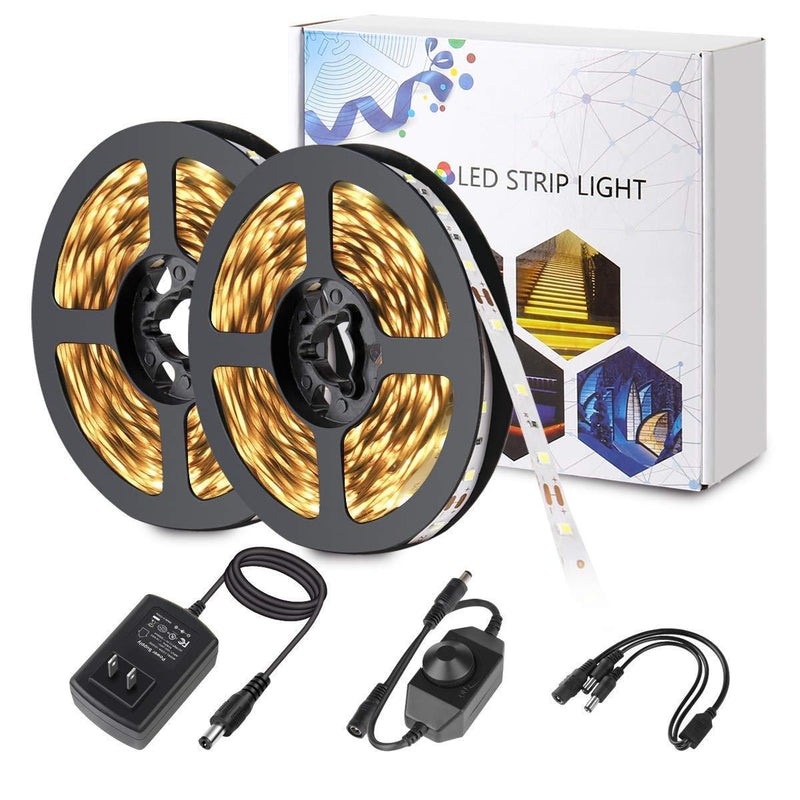 BINZET Warm White Led Strip Lights 600 LEDs SMD 2835 Tape Light Kit with UL Power Supply and Dimmer 32.8ft Dimmable Led Light Strip for Home Kitchen TV
