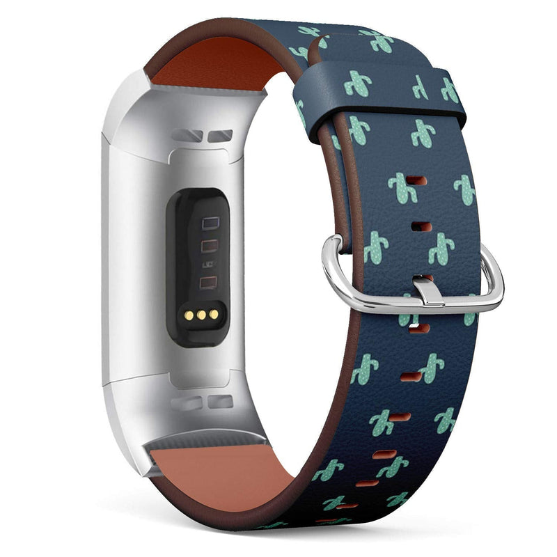 Compatible with Fitbit Charge 4 / Charge 3 / Charge 3 SE - Leather Watch Wrist Band Strap Bracelet with Stainless Steel Adapters (Cute Cactus Mexican)