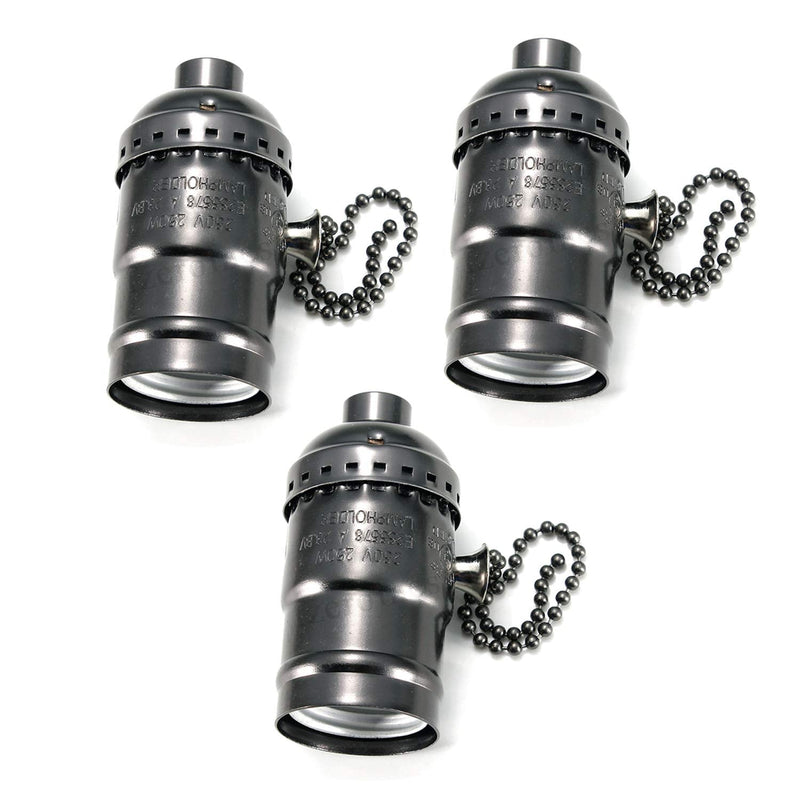 FINELED 3 Pack E26/ E27 Aluminous Shell Vintage Bronze Edison Pendant lamp holder,Black DIY Accessories E26 Screw Medium Base Light Socket With Chain Switch Antique Black With Chain