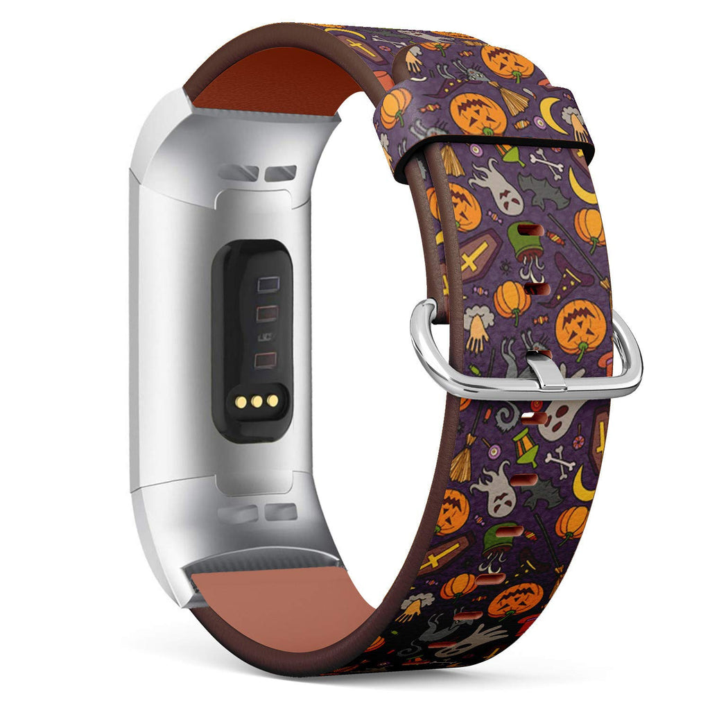 Compatible with Fitbit Charge 3 & 3 SE - Leather Wristband Bracelet Replacement Accessory Band (Includes Adapters) - Halloween Doodle Cartoon