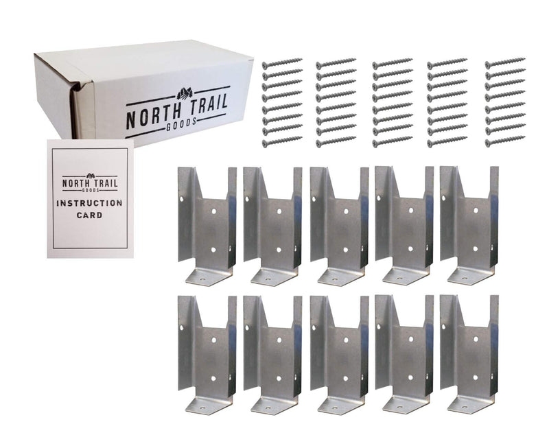 Fence Bracket Repair Kit | 10 Pack Galvanized Brackets for 2x4 Wood Rail | Includes 40 Galvanized Screws and Instruction Card | Packaged by North Trail Goods