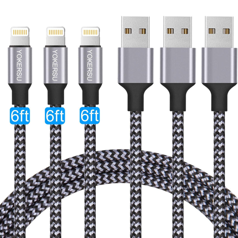 iPhone Charger, Nylon Braided Lightning Cable YOKERSU 3PACK 6ft Phone Data Sync Transfer Fast Charging Cord [Apple MFi Certified] Compatible with iPhone 12 11 Pro Max XS MAX XR X 8 7 Plus 6S 6 SE iPad
