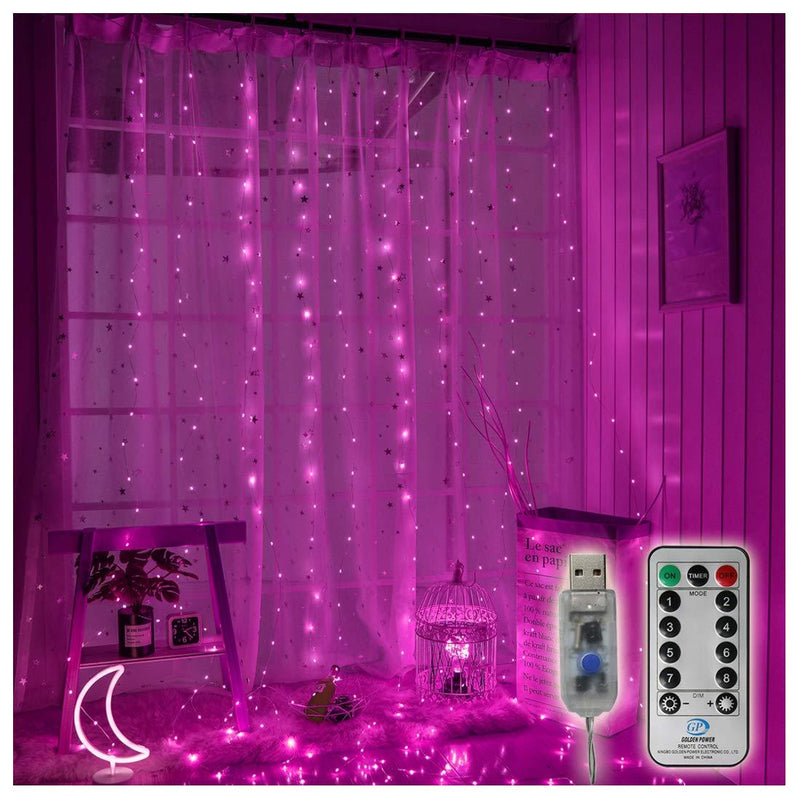 [AUSTRALIA] - 300 LED Copper Curtain String Lights 9.8ftx9.8ft Window Icicle Fairy Lights USB Powered 8 Modes with Wireless Remote Control for Home Bedroom Christmas Wedding Party Decor - Pink 
