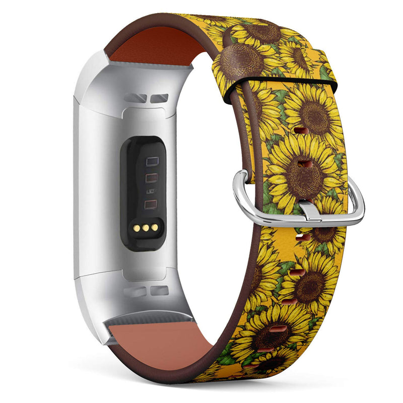 Compatible with Fitbit Charge 4 / Charge 3 / Charge 3 SE - Leather Watch Wrist Band Strap Bracelet with Stainless Steel Adapters (Sunflower Fabric)