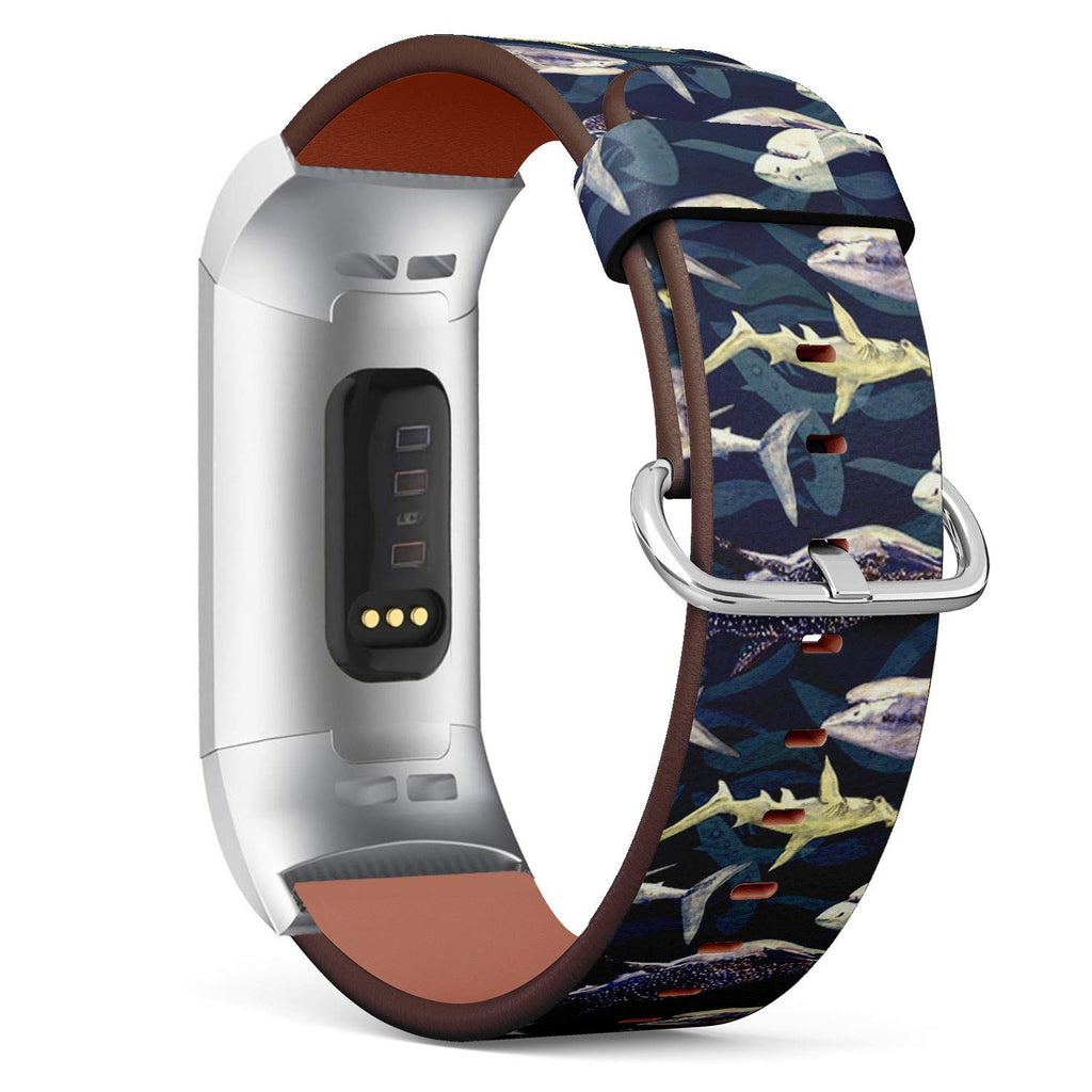Compatible with Fitbit Charge 4 / Charge 3 / Charge 3 SE - Leather Watch Wrist Band Strap Bracelet with Stainless Steel Adapters (Sharks Variety Blue Tiger Whale)