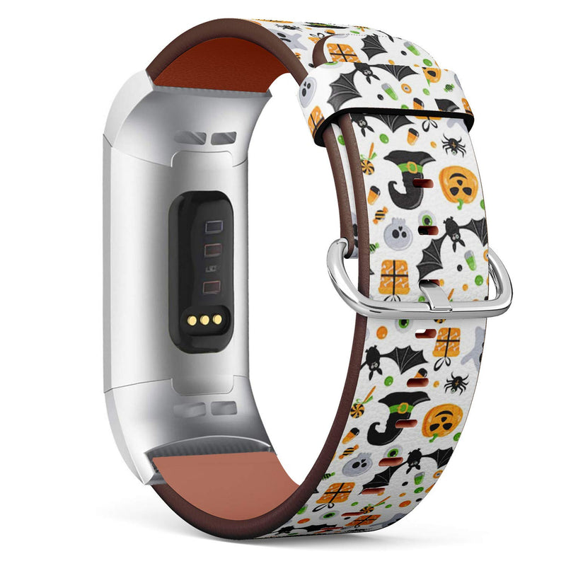 Compatible with Fitbit Charge 4 / Charge 3 / Charge 3 SE - Leather Watch Wrist Band Strap Bracelet with Stainless Steel Adapters (Halloween Elements)