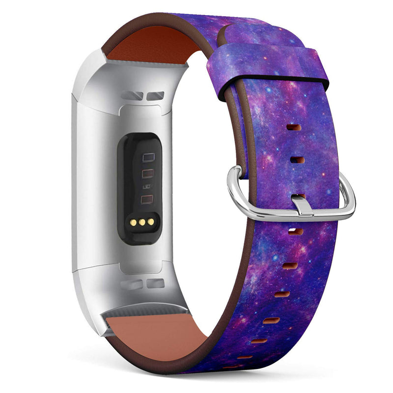 Compatible with Fitbit Charge 4 / Charge 3 / Charge 3 SE - Leather Watch Wrist Band Strap Bracelet with Stainless Steel Adapters (Purple Space Galaxy Stars Print)