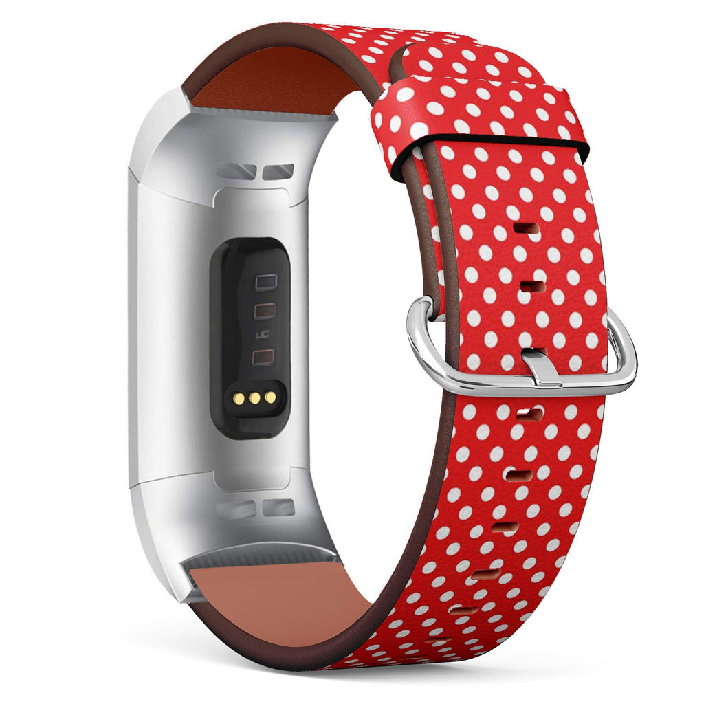 Compatible with Fitbit Charge 4 / Charge 3 / Charge 3 SE - Leather Watch Wrist Band Strap Bracelet with Stainless Steel Adapters (White Polka Dot Red)