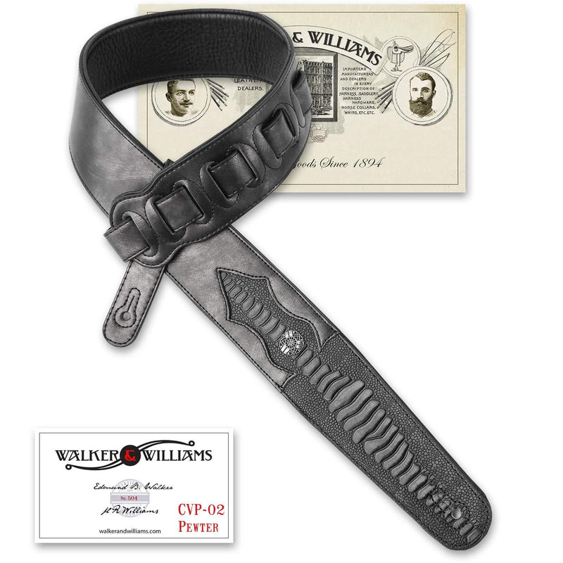 Walker & Williams CVP-02 Metallic Pewter Guitar Strap with Spade Cut Iguana Belly Endpiece