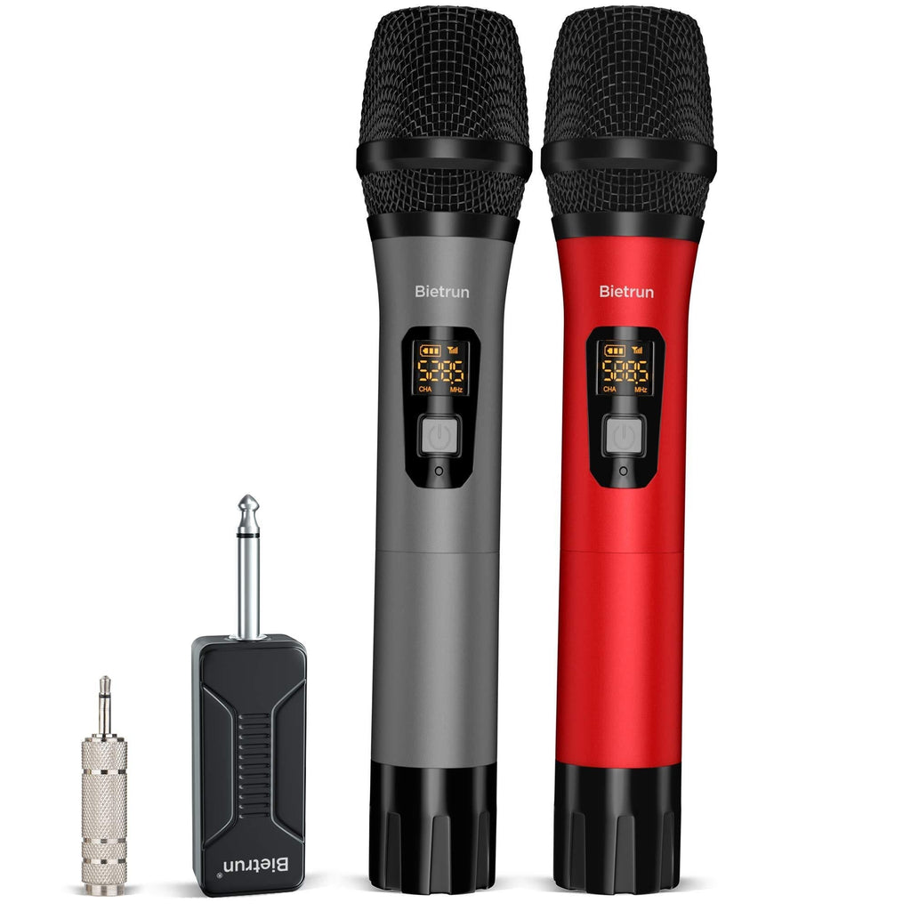 [AUSTRALIA] - Wireless Microphone, UHF Wireless Dual Handheld Dynamic Mic System Set with Rechargeable Receiver, 160ft Range, 6.35mm(1/4'') Plug, for Karaoke, Voice Amplifier, PA System, Singing Machine, Church red and gray 