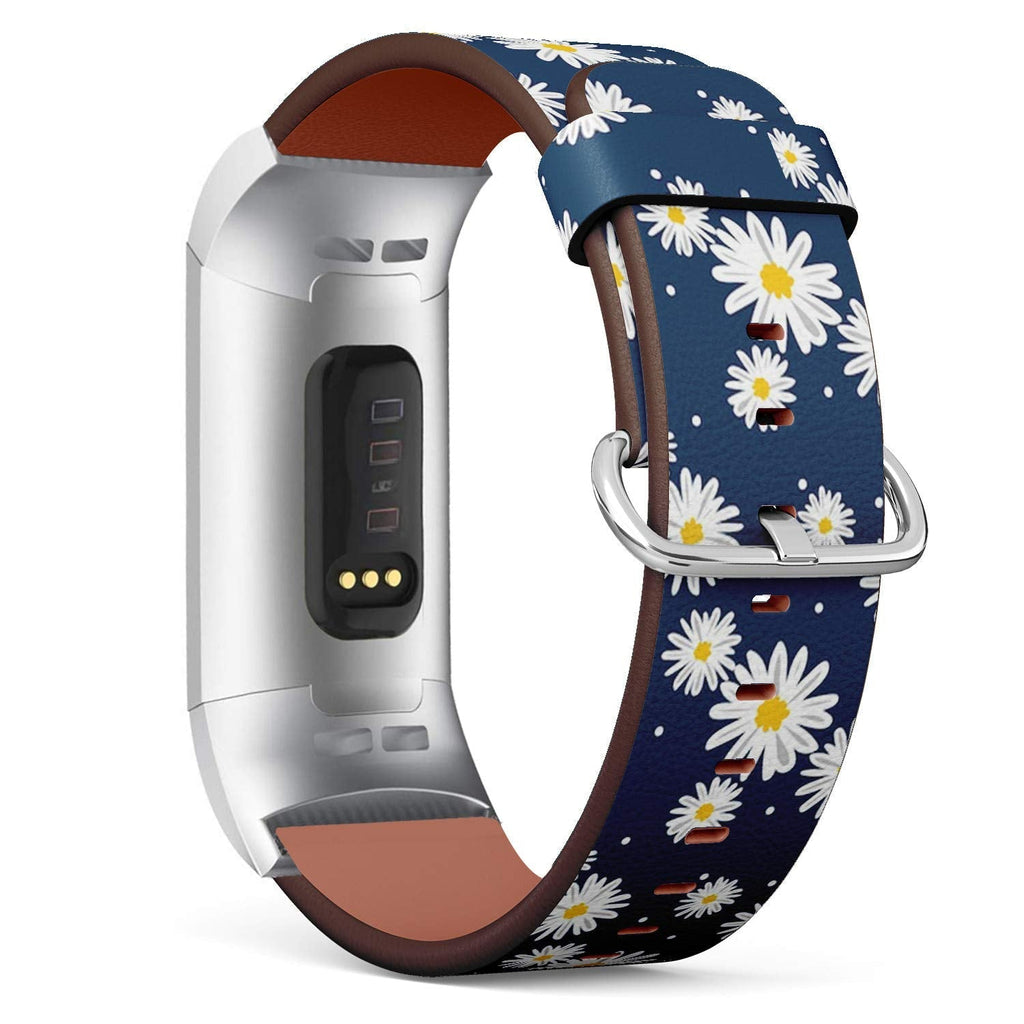 Compatible with Fitbit Charge 4 / Charge 3 / Charge 3 SE - Leather Watch Wrist Band Strap Bracelet with Stainless Steel Adapters (White Daisies Circle)