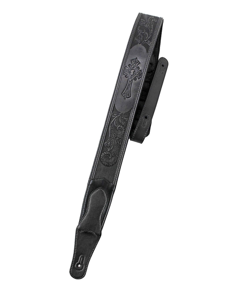 Walker & Williams LIC-12 Black Padded Guitar Strap with Cross and Traditional Tooling