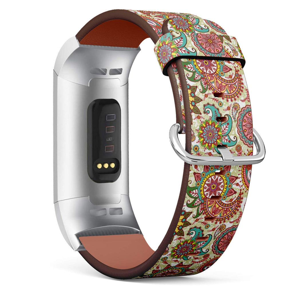 Compatible with Fitbit Charge 4 / Charge 3 / Charge 3 SE - Leather Watch Wrist Band Strap Bracelet with Stainless Steel Adapters (Paisley Flowers)