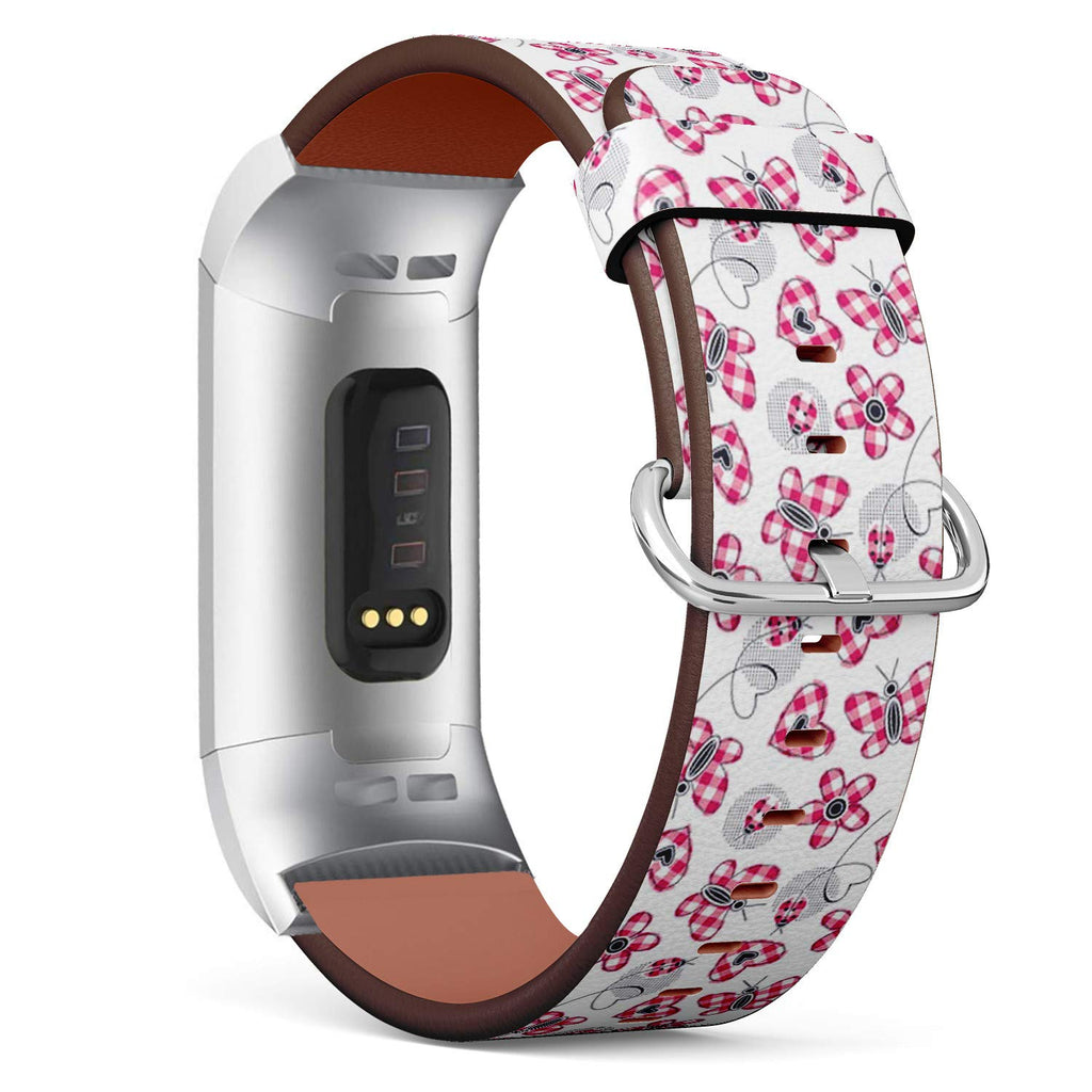 Compatible with Fitbit Charge 4 / Charge 3 / Charge 3 SE - Leather Watch Wrist Band Strap Bracelet with Stainless Steel Adapters (Plaid Hearts Daisies Butterfly Ladybugs)