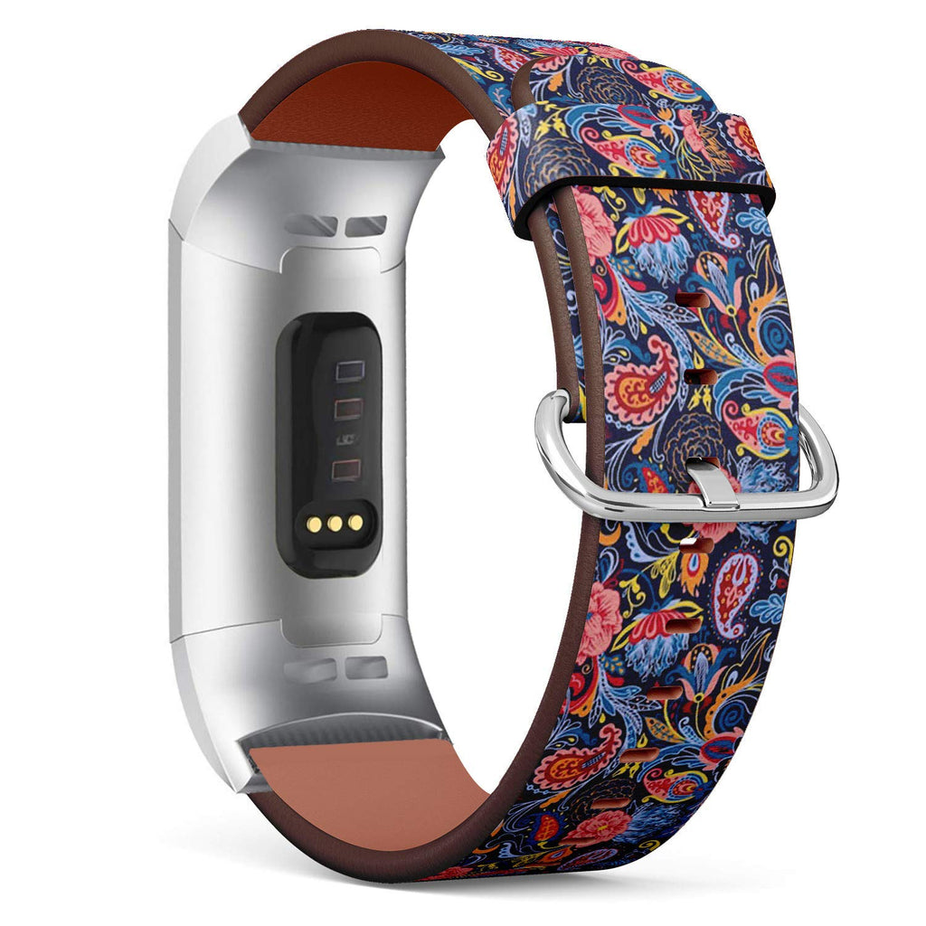Compatible with Fitbit Charge 4 / Charge 3 / Charge 3 SE - Leather Watch Wrist Band Strap Bracelet with Stainless Steel Adapters (Paisley)