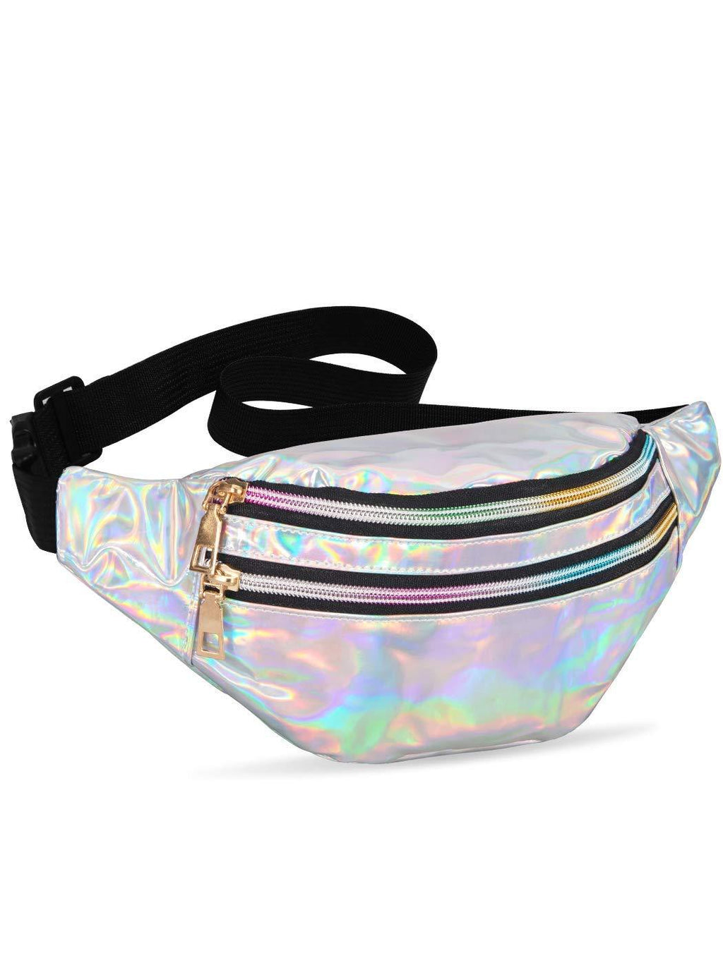 LIVACASA Holographic Fanny Packs for Women Cute Black Waist Packs Shiny Waist Bum Bag Waterproof for Travel Party Festival Running Hiking All Silver 12.2 ''x 9'' x5''