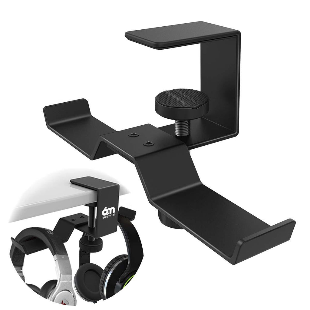Under Desk Dual Headphone Hanger, 6amLifestyle Metal Headset Stand Gaming Earphone Holder Universal Clamp on Desk Hanger Hook for All Headsets, Black (Patent) Black 2