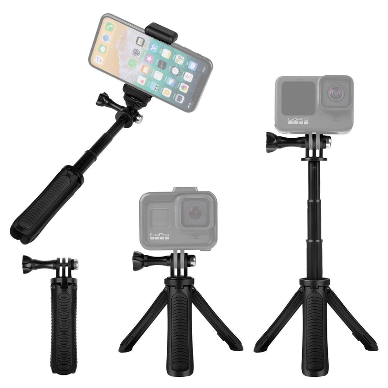 Taisioner Mini Selfie Stick Tripod Kit Two in One Compatible with GoPro AKASO Action Camera and Cell Phone Accessories Black