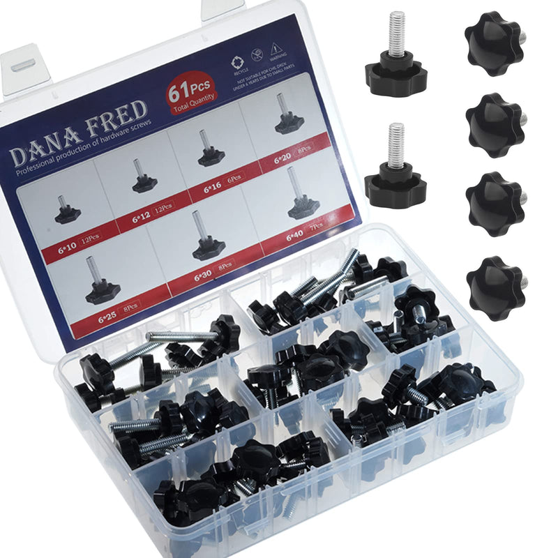 [AUSTRALIA] - M6 Nylon Black Plastic Replacement Star Hand Knobs with Steel Tightening Screws Standard Metric Handle Thread Stud Bolt Hardware 10mm 12mm 16mm 20mm 25mm 30mm 40mm 61pcs 