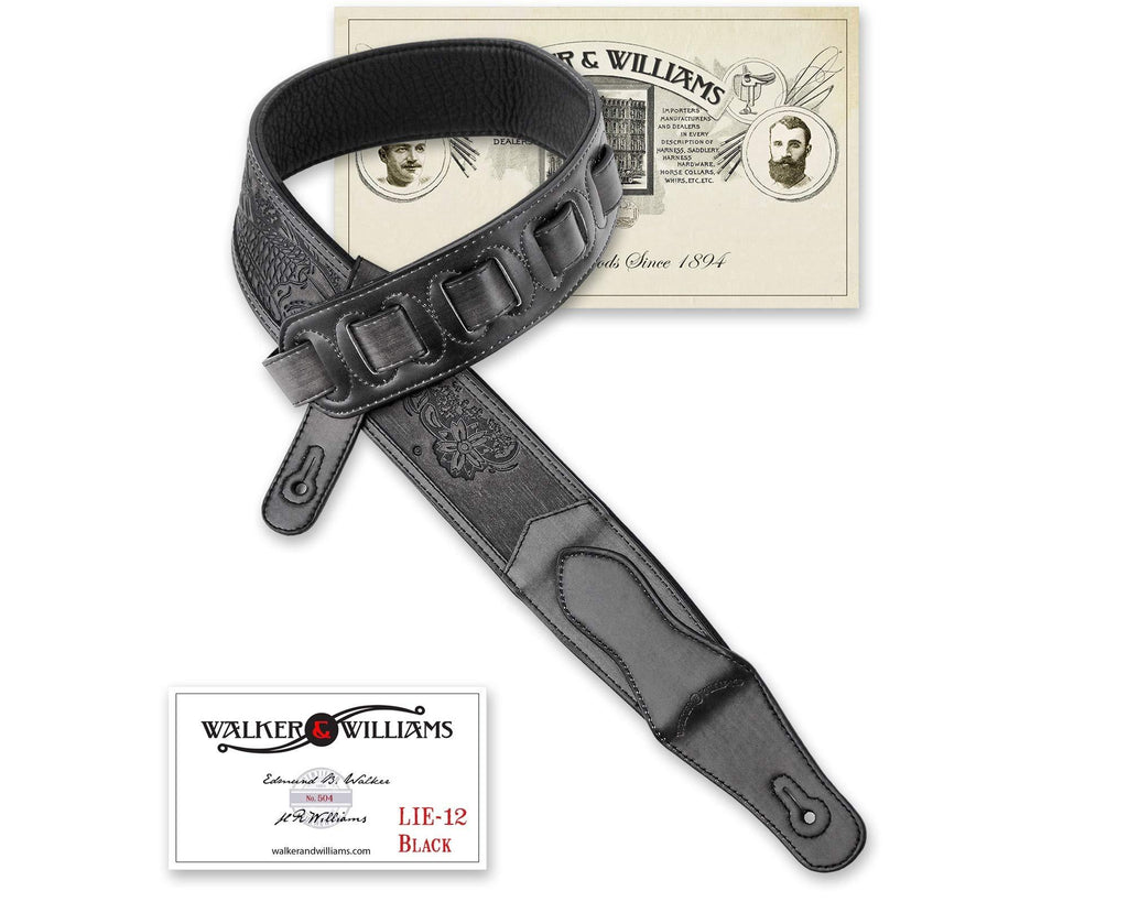 Walker & Williams LIE-12 “Weathered” Black Leather Padded Guitar Strap with Embossed Tooling