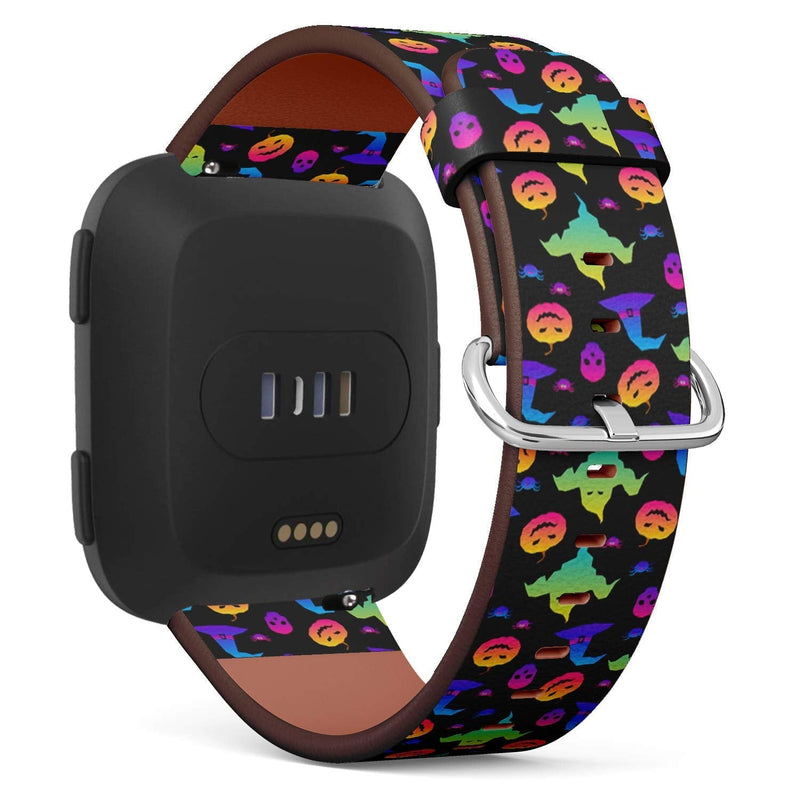 Compatible with Fitbit Versa, Versa 2, Versa Lite - Quick Release Leather Wristband Bracelet Replacement Accessory Band - Rainbow Happy Halloween