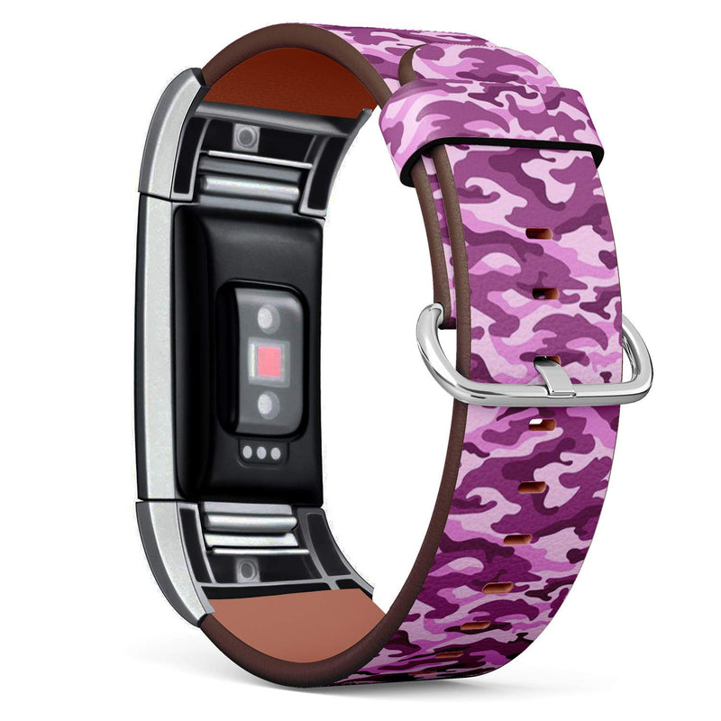 Compatible with Fitbit Charge 2 - Leather Band Bracelet Strap Wristband Replacement with Adapters - Camouflage Pink Monochrome