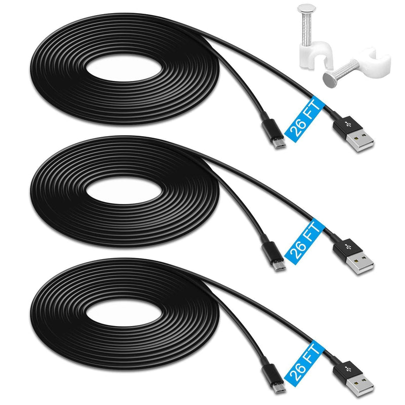 3 Pack 26FT Power Extension Cable for WyzeCam/PS4/Xbox One Controllers/YI Camera/Nest Cam Indoor/Oculus Go/Netvue and Security Camera, Durable Charging and Data Sync Cord… Black