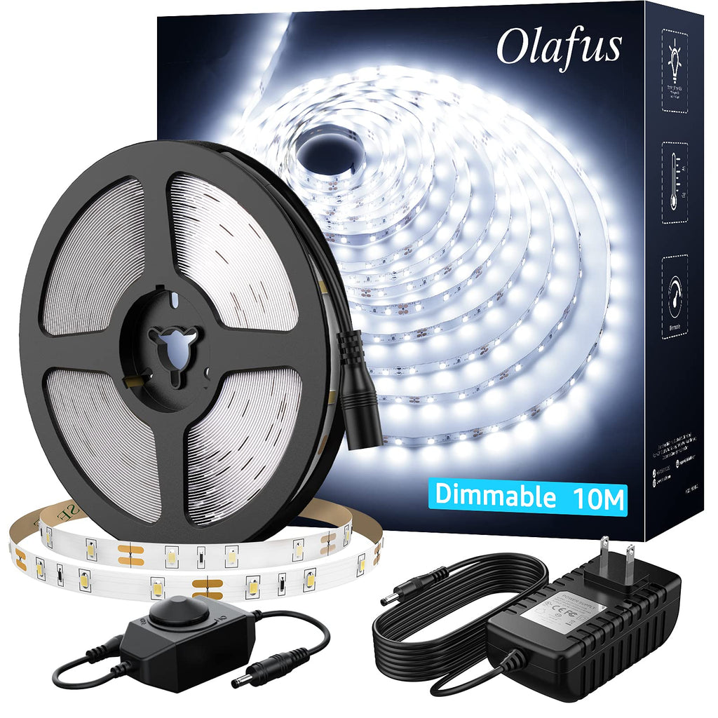 Olafus White LED Strip Lights, 32.8ft Dimmable Vanity Lights, 6000K Daylight 12v LED Light Strip, 10m Cuttable Tape Lights, Ambient Lighting Tape for Bedroom TV Cabinet Stair Mirror(600 LEDs 2835) Cool White
